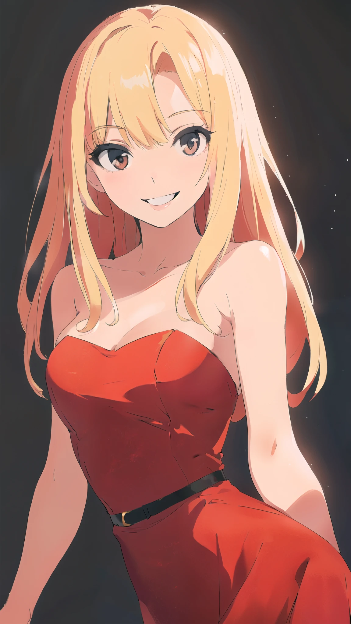 solo, 1girl, strapless, red midi dress, simple background, seductive smile, middle breasts, middle hair, blonde