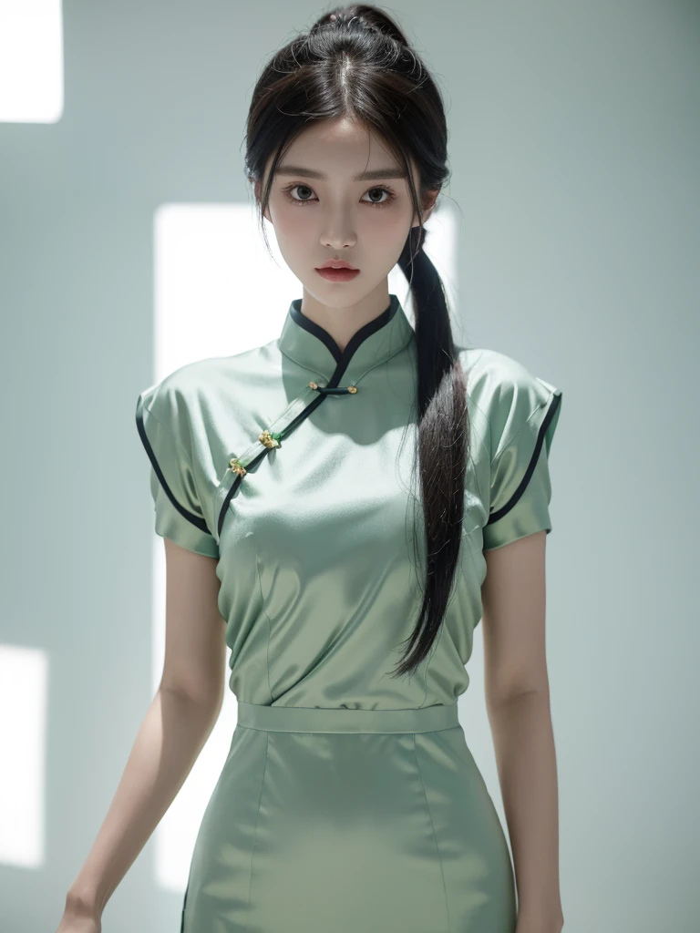 korean model , slim body , 167cm ,Movie Angle,long black ponytails hairstyle, (Cute girl,anatomy correct, Pastel Spring Green silky chinese qipao with short sleeves,( art,geomerty),(plethora of colorest quality,high detail,tmasterpiece,Cinematic lighting effects,4K,Chiaroscuro )