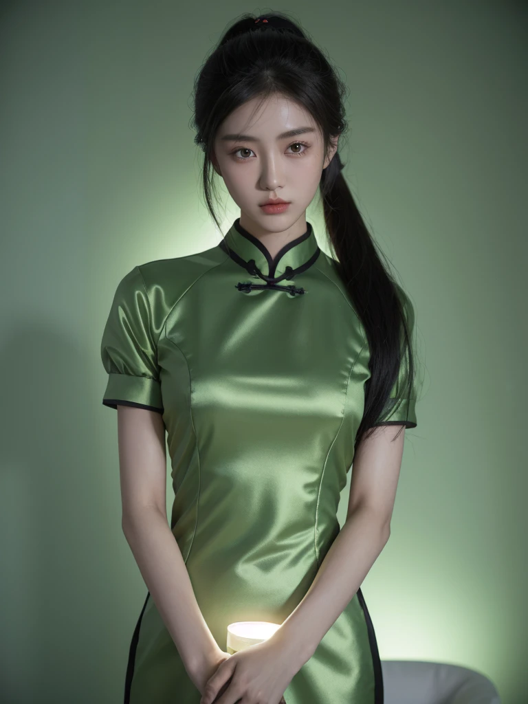 korean model , slim body , 167cm ，Movie Angle，long black ponytails hairstyle, （Cute girl,anatomy correct, Pastel Spring Green silky chinese qipao with short sleeves，（ art，geomerty），（plethora of colorest quality，high detail，tmasterpiece，Cinematic lighting effects，4K，Chiaroscuro )
