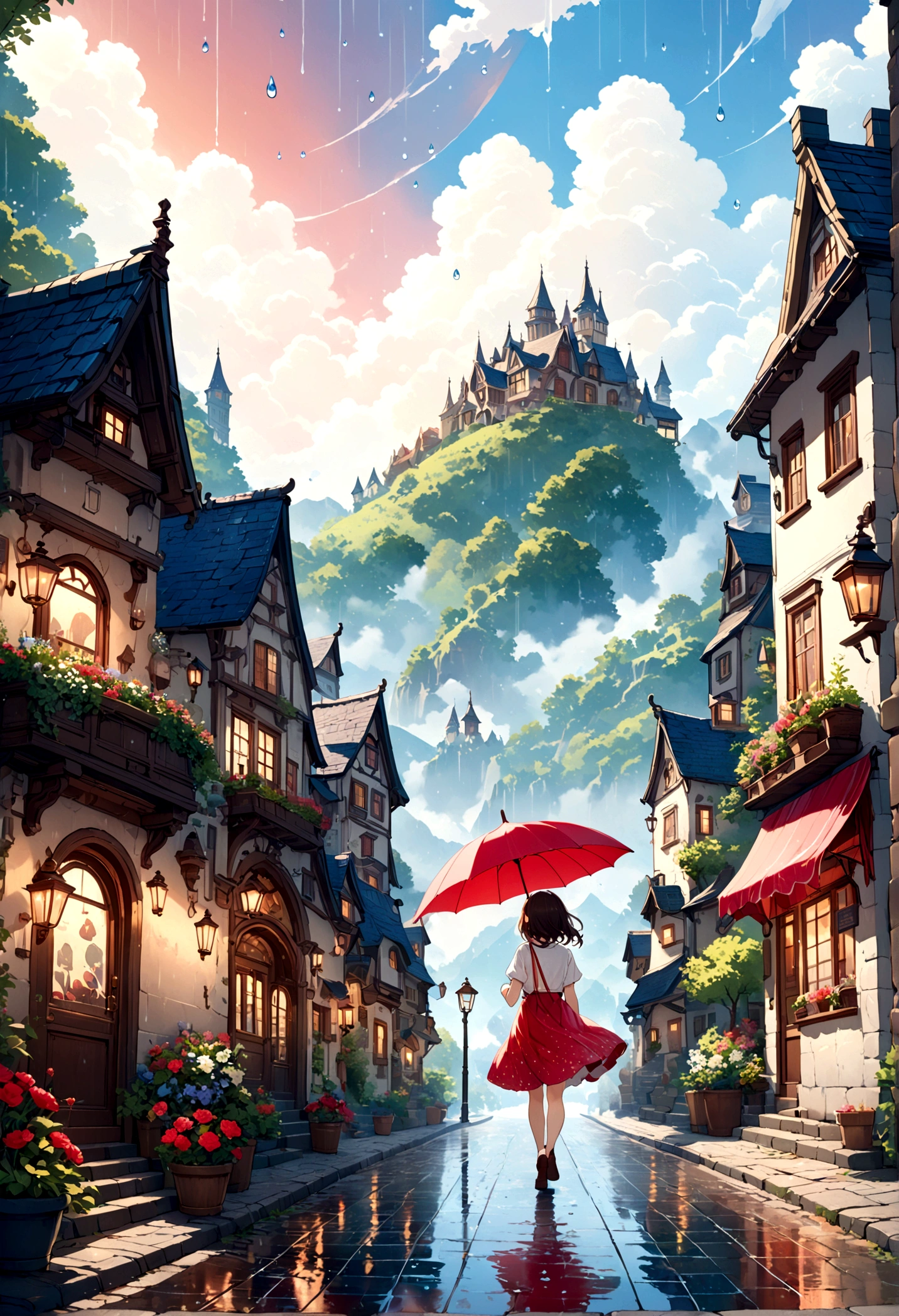 Cute illustration: Landscape,Street corner on a rainy day,A landscape that looks like an illustration from a picture book,Rich in emotion,a girl is walking,BREAK,Cute girl with a red umbrella,BREAK,create an artistic background,Add a drop pattern to the background,The streets are fancy, like a fairy tale,This is a cute illustration like a dream.,Please blur the lines of the droplet pattern to create an artistic expression.,Intricate details,Wide range of colors,artwork,rendering,(masterpiece:1.3),(highest quality:1.4),(Super detailed:1.5),High resolution,Very detailed,unity 8k wallpaper