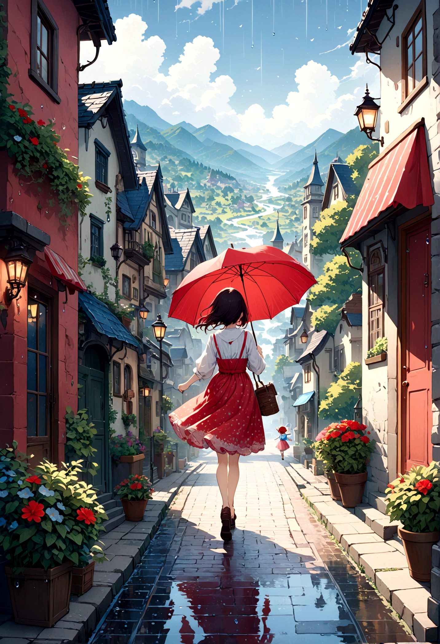 Cute illustration: Landscape,Street corner on a rainy day,A landscape that looks like an illustration from a picture book,Rich in emotion,a girl is walking,BREAK,Cute girl with a red umbrella,BREAK,create an artistic background,Add a drop pattern to the background,The streets are fancy, like a fairy tale,This is a cute illustration like a dream.,Please blur the lines of the droplet pattern to create an artistic expression.,Intricate details,Wide range of colors,artwork,rendering,(masterpiece:1.3),(highest quality:1.4),(Super detailed:1.5),High resolution,Very detailed,unity 8k wallpaper