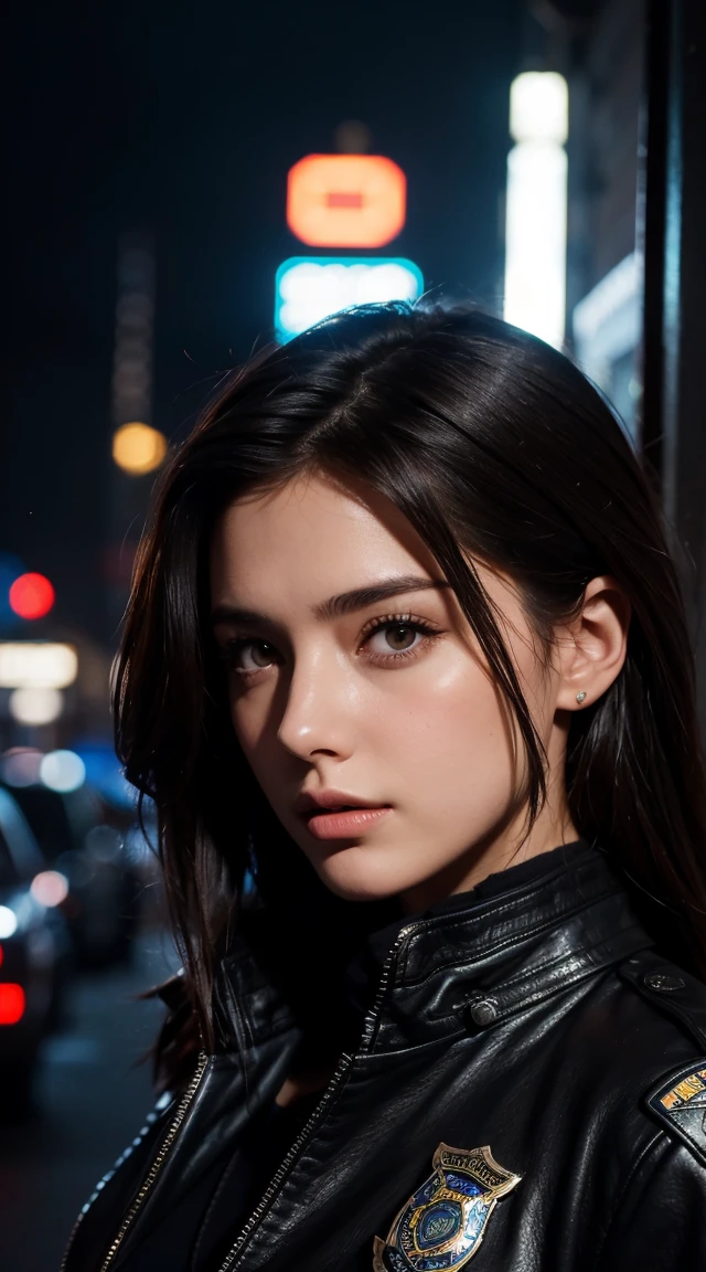 Portrait of a beautiful female model natlp, Georgia Fowler, Beautiful Face, Short dark brown hair, Cyberpunk city at night. She is wearing a leather jacket, Black jeans, Dramatic lighting, (Police Badge:1.2)