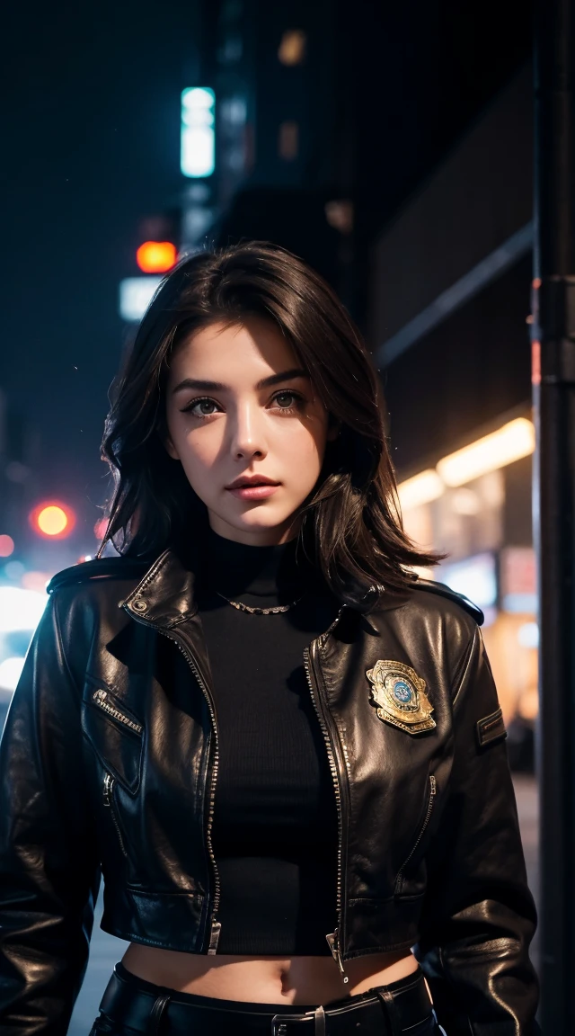Portrait of a beautiful female model natlp, Georgia Fowler, Beautiful Face, Short dark brown hair, Cyberpunk city at night. She is wearing a leather jacket, Black jeans, Dramatic lighting, (Police Badge:1.2)