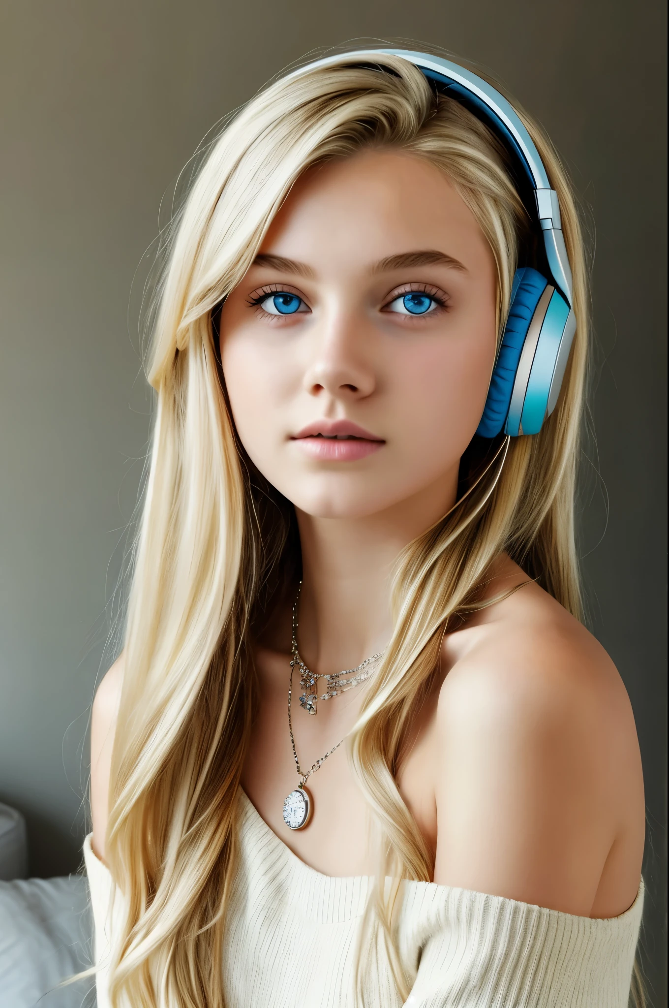 One Girl, Age 15age, alone, Long Hair, huge , View your viewers, Blonde, Bare shoulders, Blue eyes, gem, whole body, necklace, Off the shoulder, sweater, Realistic, Sexy、headphone
