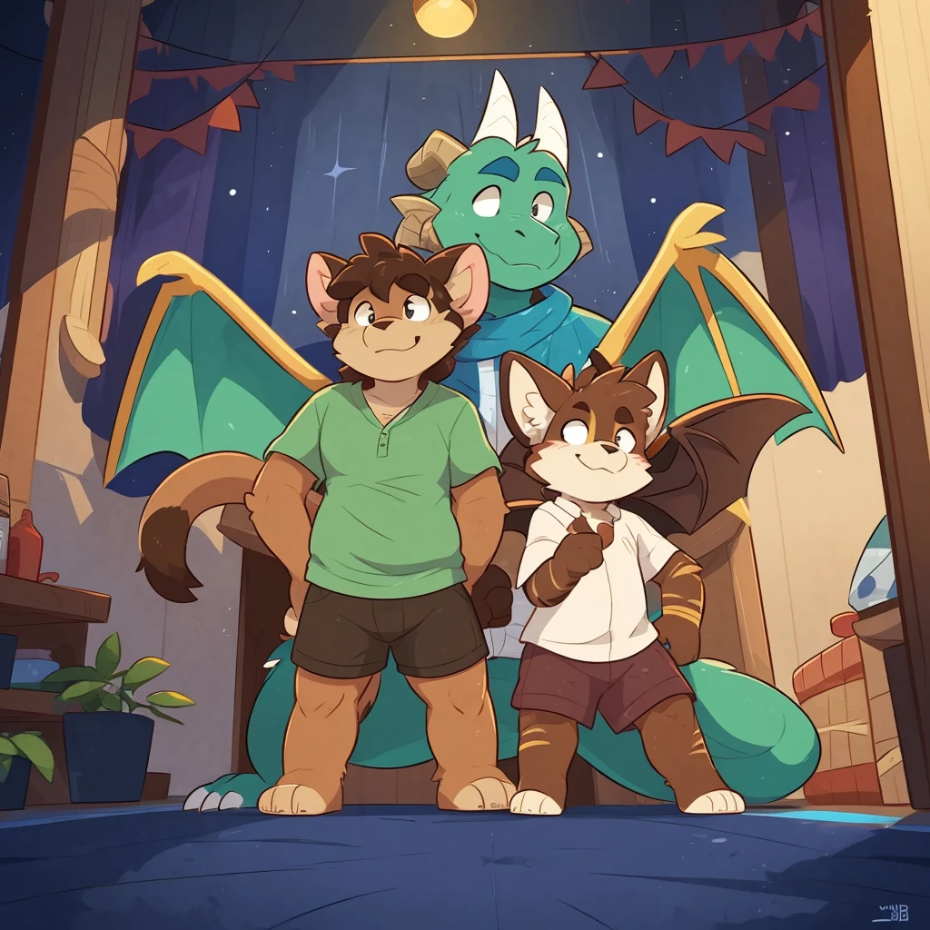by itihi3 イチヒ(Ichihi), by fumiko by donkeyramen by wfa, by Kilinah, brown-furred dragon furry boy, toddler. his underbelly is a brown color as well as sharp stripes on his arms and legs and the two large ram white horns on his head. he also has two large wings on it's back that resemble dragon/bat wings, that of which matches the main body color. he has a large pair of ears and large, ram-like pale brown horns pointing back on its head. his eyes are a light shade of green with a brown outline, with small tan triangle markings below him.