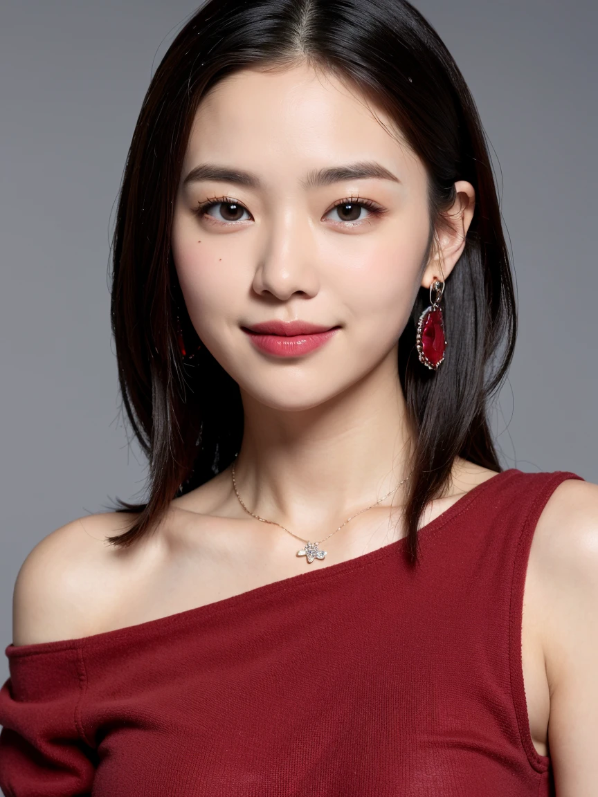 (highly detailed body、more detailed face、best quality:1.2)、not、Looking at the viewer、（smile、wacky fashion、large shoulder length piercings、necklace、wine red and black contrast clothes、Doesn&#39;t fit)、(ivory wall)
