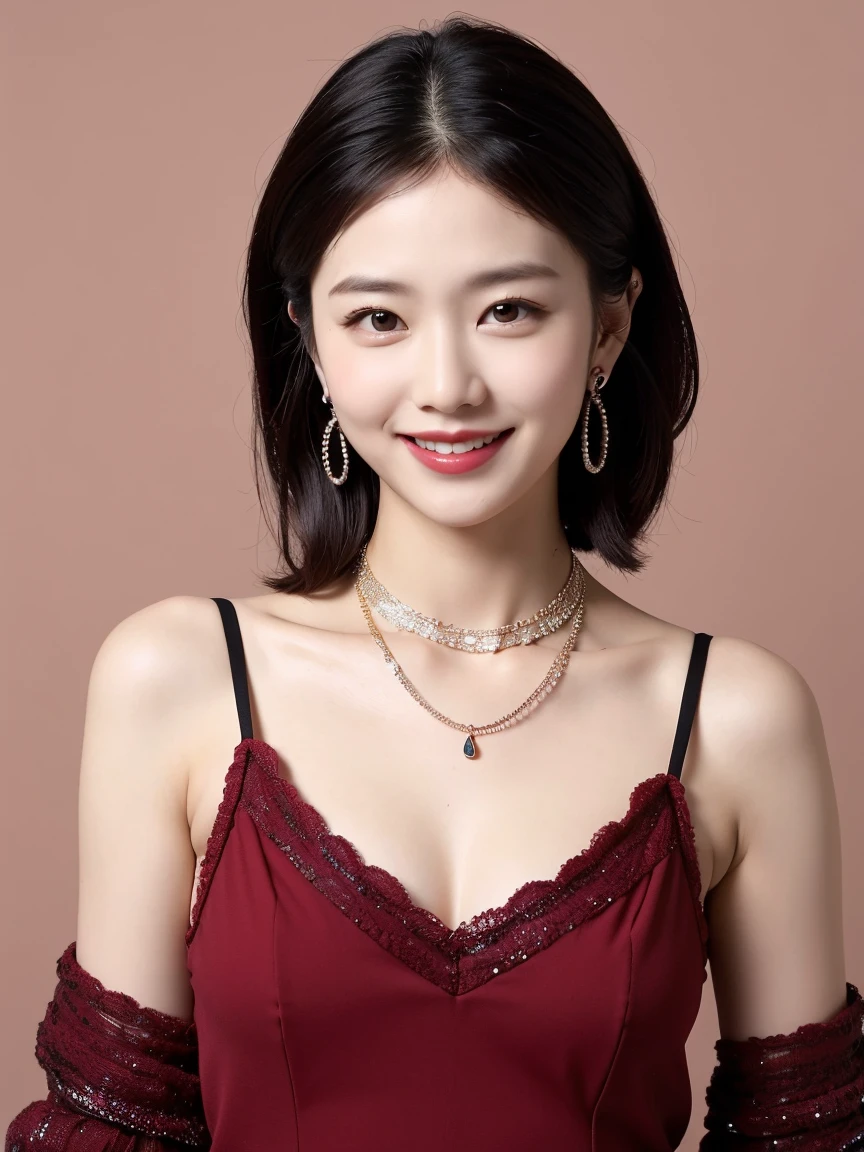 (highly detailed body、more detailed face、best quality:1.2)、not、Looking at the viewer、(smile、wacky fashion、large shoulder length piercings、necklace、wine red and black contrast clothes、Doesn't fit)、(ivory wall)