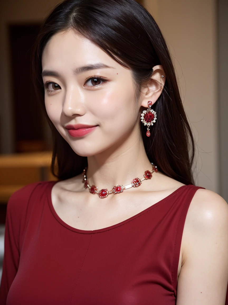 (highly detailed body、more detailed face、best quality:1.2)、not、Looking at the viewer、(smile、wacky fashion、large shoulder length piercings、necklace、wine red and black contrast clothes、Doesn't fit)、(ivory wall)