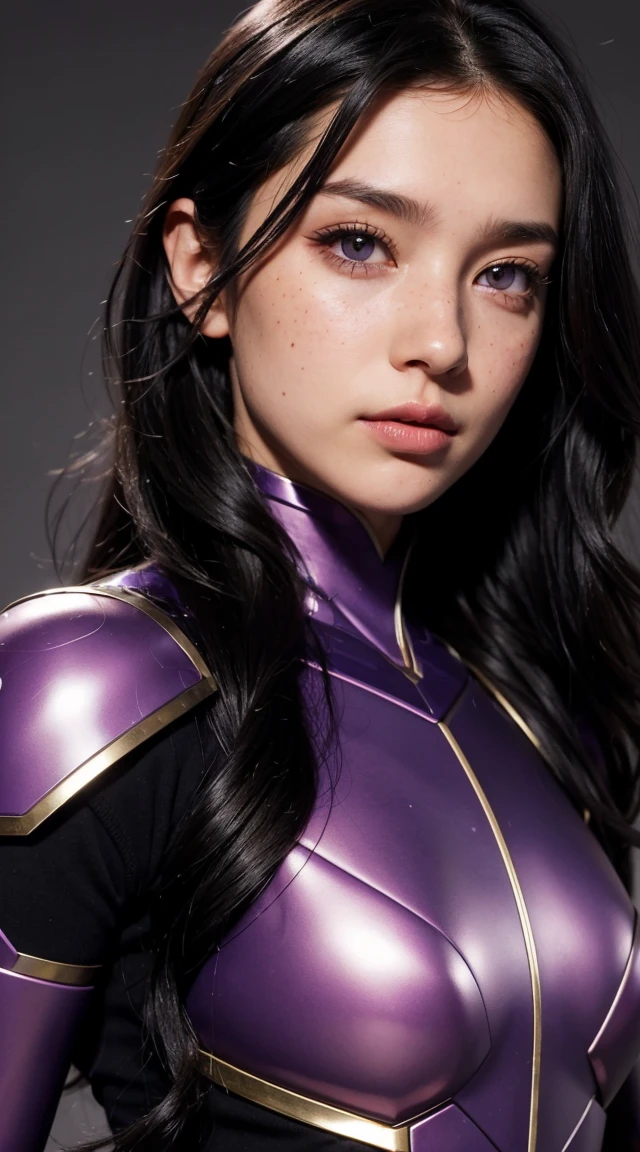 A woman with wavy black hair and purple eyes, Black alien armor, freckles, blush, eye shadow, Cute face