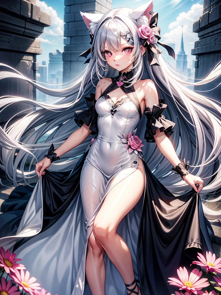 Silver hair, pink eyes, body, cat ears, sexy girl, earrings, flower sky background, long dress, hair bows