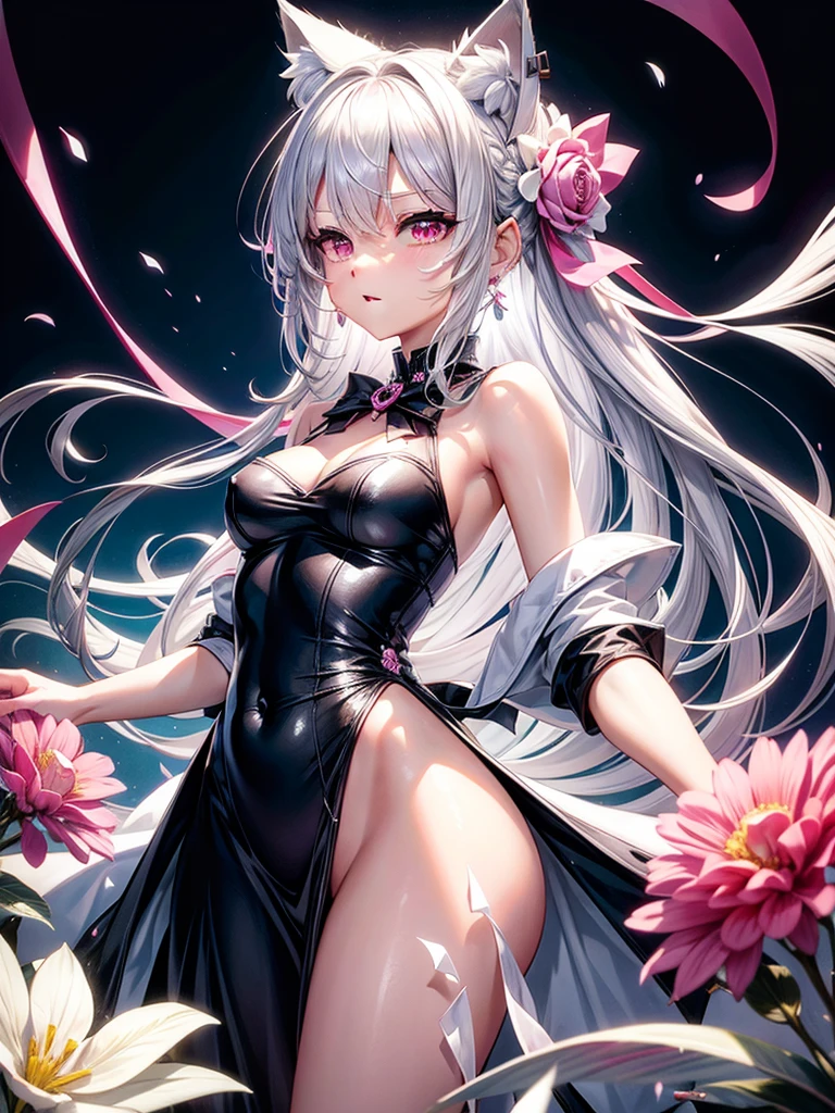Silver hair, pink eyes, body, cat ears, y girl, earrings, flower sky background, long dress, hair bows