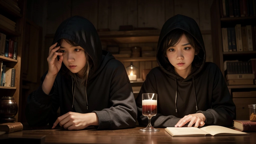 create an image of mage with a hood so his face does not show, making experiments with colored glowing potions around books and wood furniture inside a dark room with only two candles. The resolution must be 1920x1080.