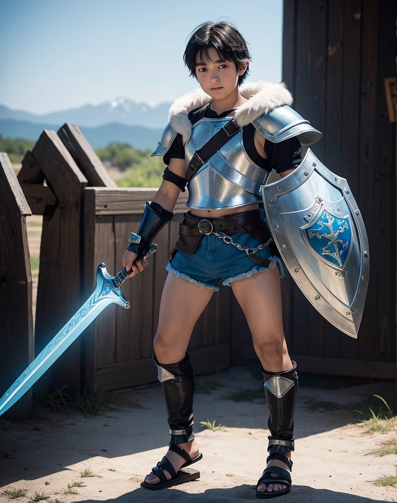 Young 13-year-old boy with black hair and brown eyes, innocent and happy, dressed in short neon-blue medieval barbarian clothes, fur shorts, light-blue battle armor, weilding silver sword and shield, sandals; fullbody; short hair, boyish athletic, sexy, medieval background