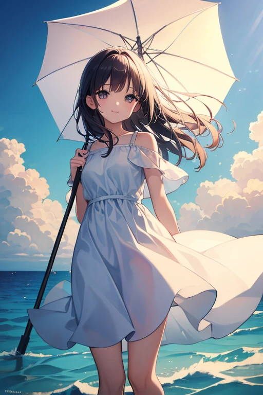 masterpiece, highres, beautiful landscape, high detailed, 1 girl, mid-ground character, beach, studio light, depth of field. The girl stands on the beach with her  colorful umbrella, looks at viewer with a smile. She wears a white beautiful dress, holds a umbrella, her hair blows in the wind. The landscape is peaceful and serene. Mildly clouds, floating clouds, light clouds, billowing clouds. The sunlight glistens on the surface of the sea. The waves of the sea gently lap against the shore, creating a serene and soothing sound.