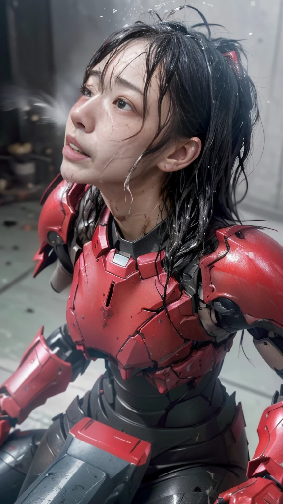 Rough skin, Very detailed, Advanced Details, high quality, 最high quality, High resolution, 1080P 、、Red Armor、Wearing red and black、cute((During a break))(破損したwoman用ロボットスーツを着用...)(Red Armor)(Broken Armor)Black Hair、、Soaking wet、Soaked Face Place the headgear aside Beautiful Face、Hot look knock down、よだれing from the mouth、woman (Steam coming out of the face) ((Steam from the body)) Sit on a chair Filming locations I can see the vagina Open the crotch to the front look up