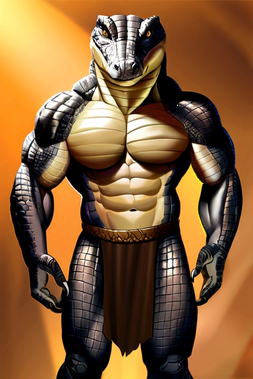 (solo), realistic male anthro alligator warrior, loincloth, abs, pecs, detailed scales