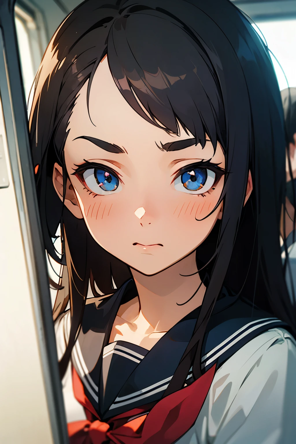 (masterpiece, best quality:1.5), brightening light, beautiful eyes, ultra-detailed face, ((perfect anatomy)), (professional look),
BREAK 1 girl, long hair, black hair, straight hair, short bangs above brows, embarrassed, blush,
BREAK serafuku
BREAK train interior,