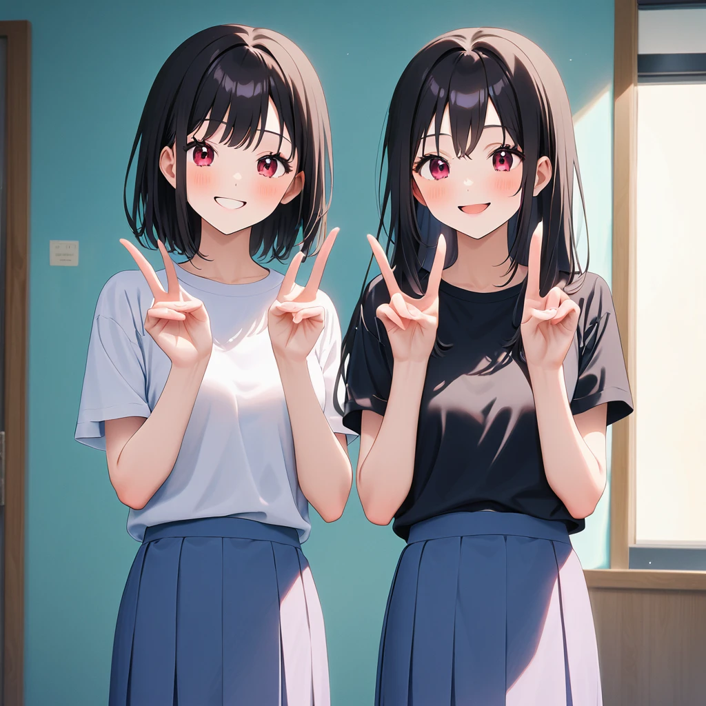 A confident smile, かわいいポーズをとっているtwo students demonstrating a gesture commonly associated with a peace sign while speaking by レストラン, slacks, Black Hair, indoor, in, skirt, shirt, ((((complete fiine fingers))))