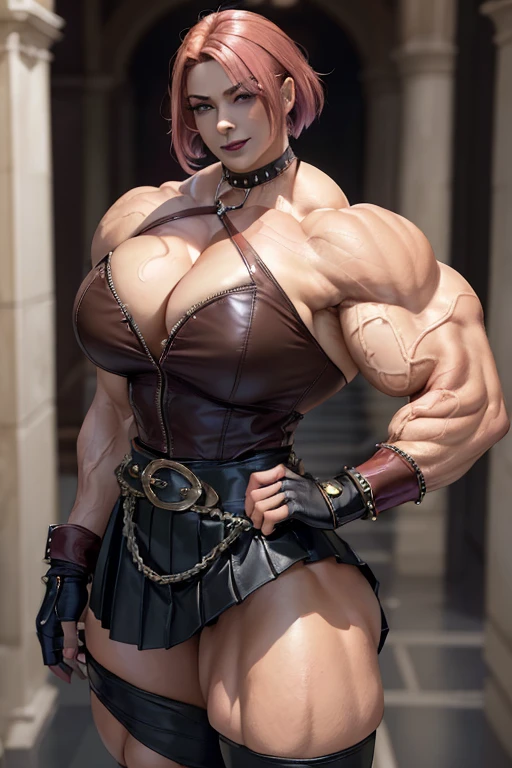 (((Massive tall, beautiful, buff, light brown skinned muscular woman with shocking pink hair, black lipstick, ginormous bulky muscles and wearing a beautiful leather unbuttoned blouse with a beautiful black long pleated skirt))), (close view), massive muscles, massive biceps, hyper muscle shoulders, massive muscle arms, vascular shoulders, hyper muscle triceps, (angled bob cut), (beautiful unbuttoned leather blouse), red eyes, studded gauntlets, gloves, choker, (beautiful black long pleated skirt with a belt), shoes with socks, (in a beautiful hallway), closed smile, morning, hyper vascular arm, hyper muscles arms, hyper muscle legs, massive arms