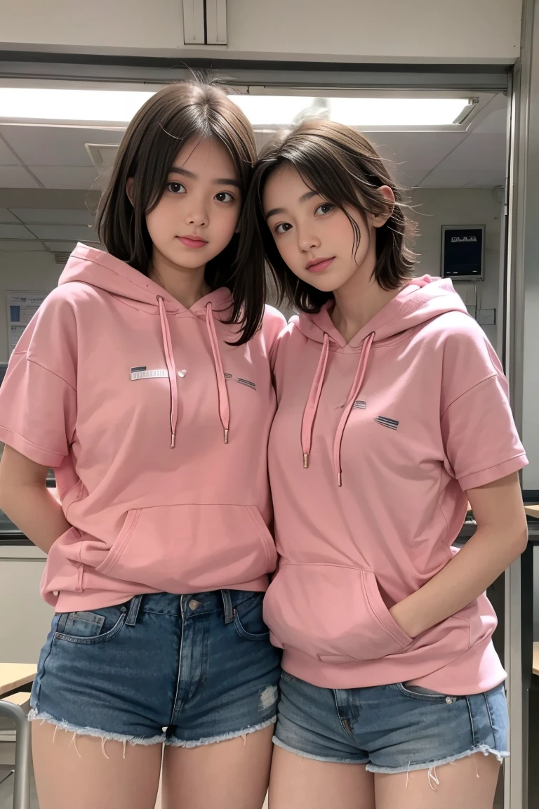 deux femmes ensemble de 18 ans sexy et mince , pink short sleeve hoodie , salle de classe, se touche,position sey,sensuel