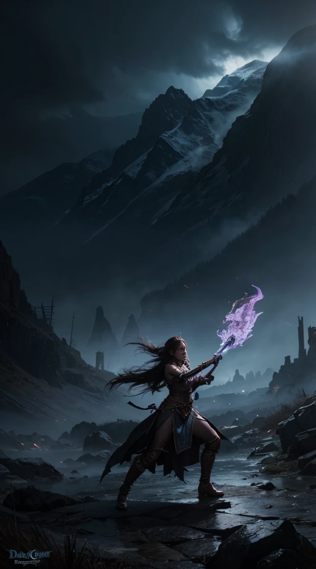 Female warrior fighting dragon, Art in the Forest at Art Station, Dungeons, Balrog, The dragon shoots blazing fire from its mouth, D&D, Lord of the Ring, Firing, Conan, Dark Souls, Hazy background, Realistic epic, Rutkowski, High resolution, Intricate details, Ultra-detailed, Cinematic, Rim Light, Calm colors: 1.2, Dark fantasy, Dark Sky, Dark mountains in the background々I can see, Dark atmosphere, fear, Horror, impressive, Dark and stormy sky in shades of blue and purple