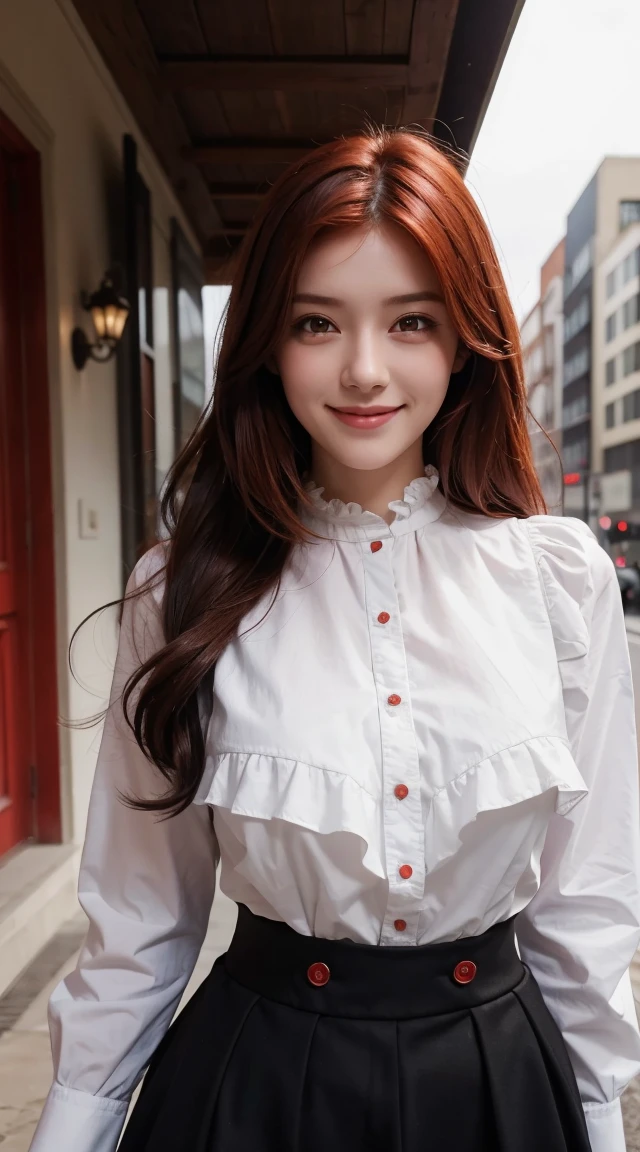 Highest quality, masterpiece, Black Hair, Red eyes, look up, Upper Body, cute, Frilled shirt, smile,Redhead