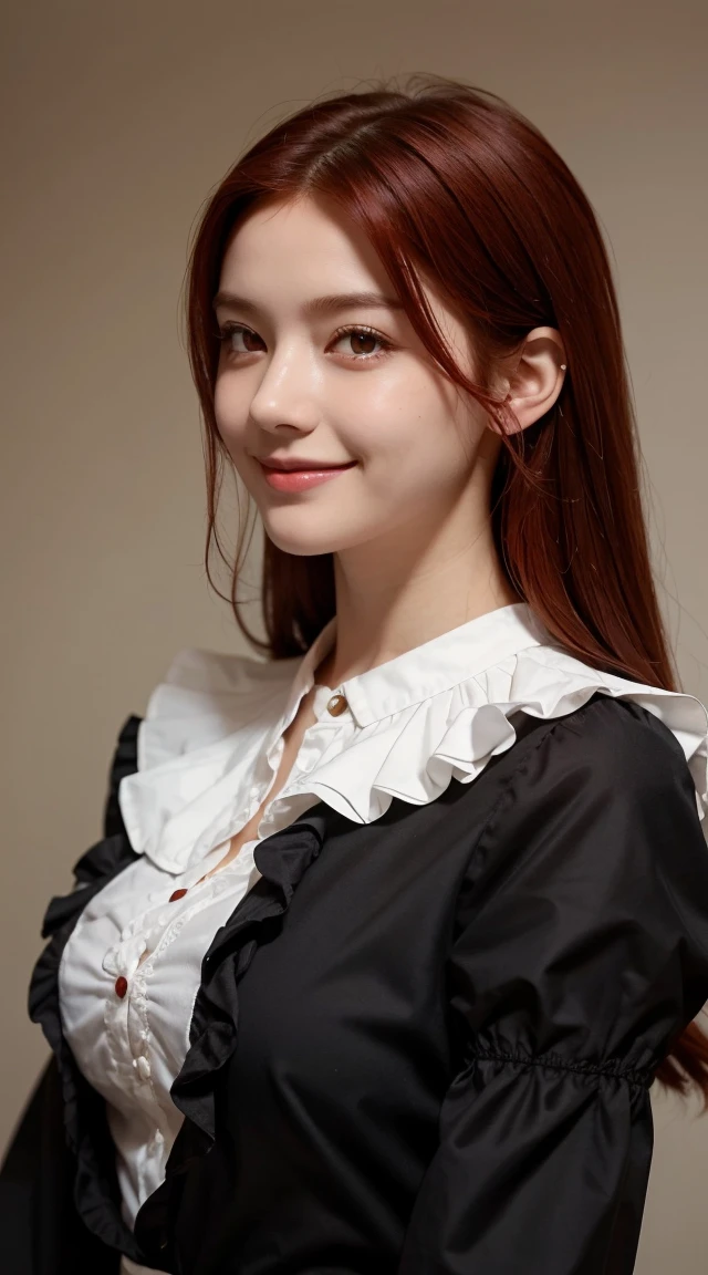 Highest quality, masterpiece, Black Hair, Red eyes, look up, Upper Body, cute, Frilled shirt, smile,Redhead