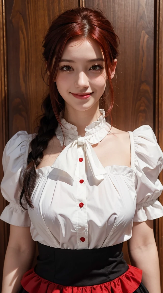 Highest quality, masterpiece, Black Hair, Red eyes, look up, Upper Body, cute, Frilled shirt, smile,Redhead
