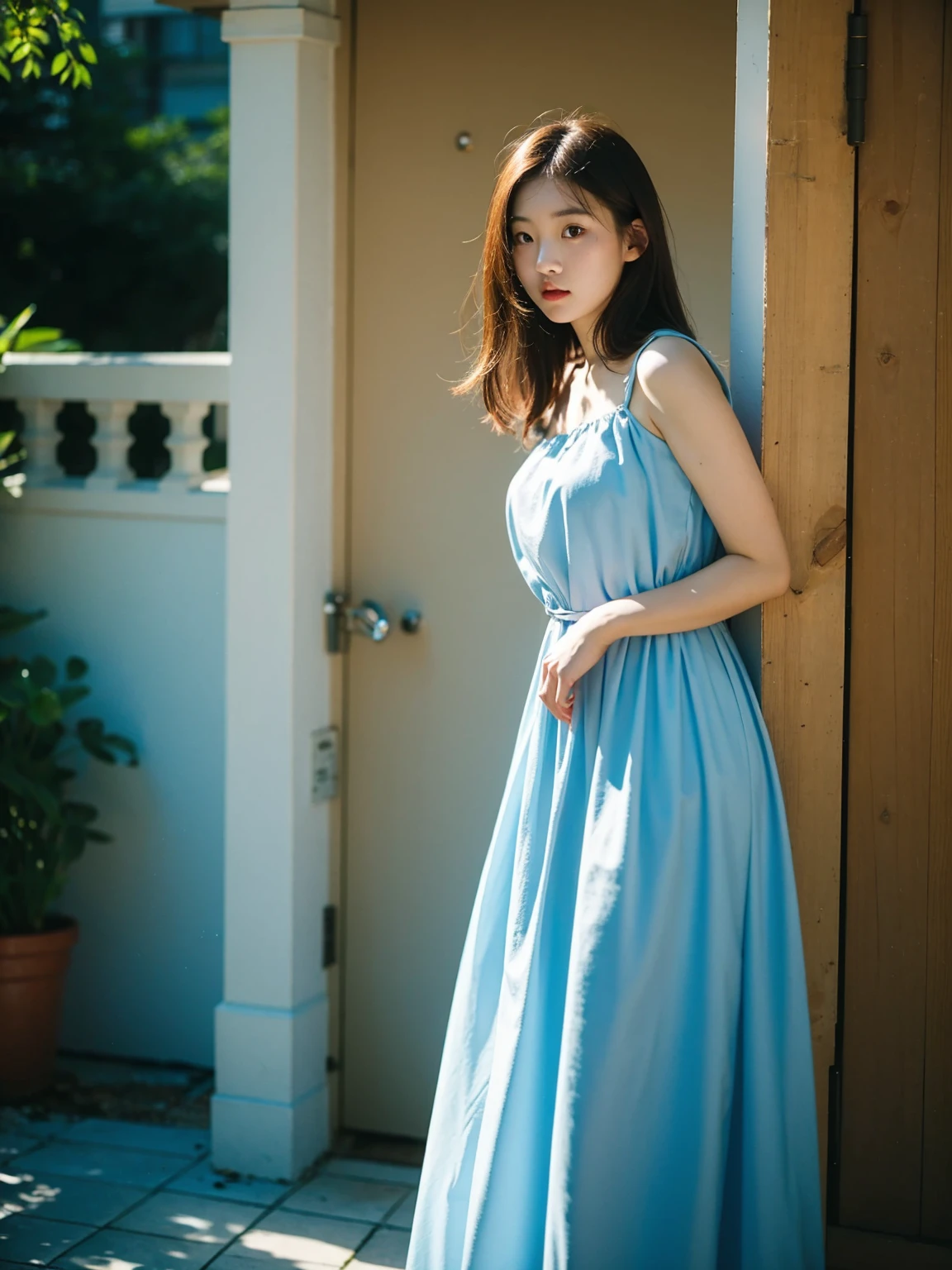 Best quality, masterpiece, film grain, photo by fuji-proplus-ii film, raw photo of 20 years old woman in blue dress, waist up, sky, outdoor, soft key lighting, deep shadow, dark theme,
 