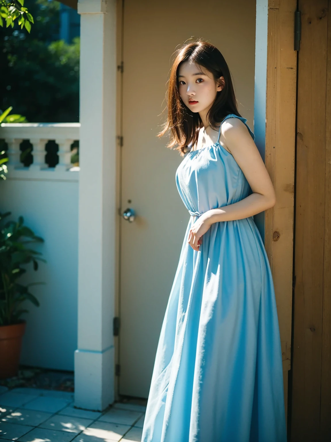 Best quality, masterpiece, film grain, photo by fuji-proplus-ii film, raw photo of 20 years old woman in blue dress, waist up, sky, outdoor, soft key lighting, deep shadow, dark theme,
 
