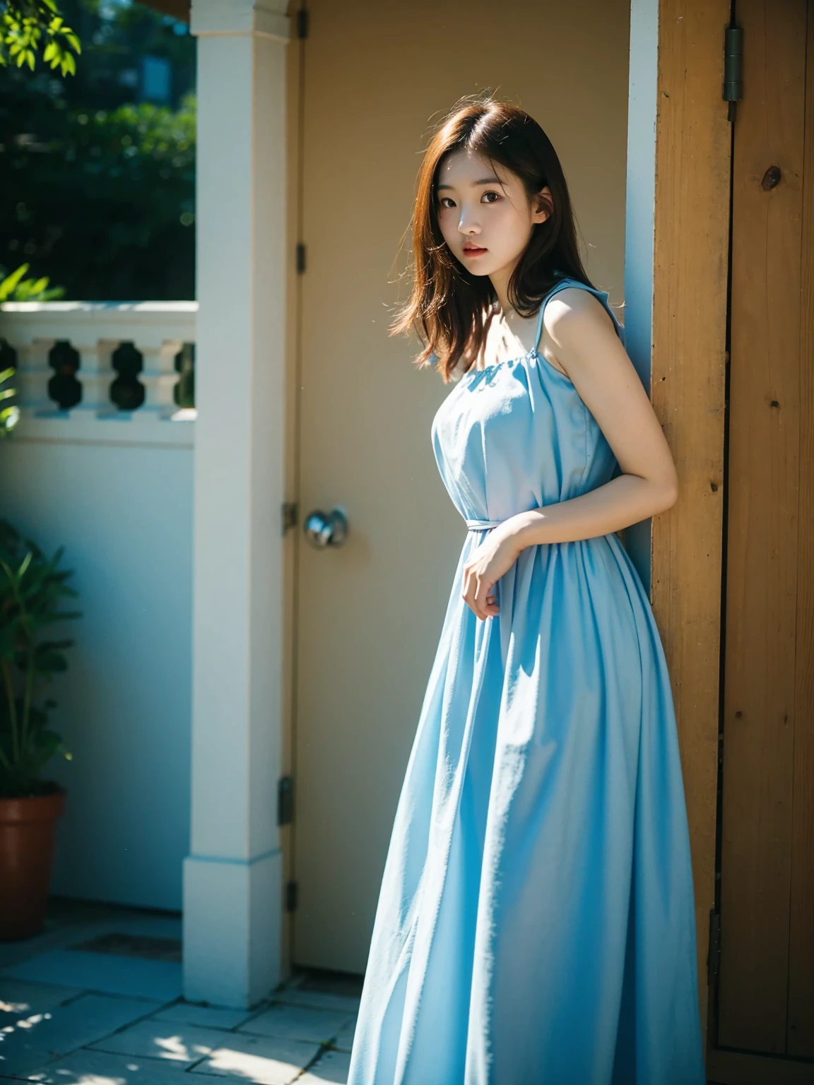 Best quality, masterpiece, film grain, photo by fuji-proplus-ii film, raw photo of 20 years old woman in blue dress, waist up, sky, outdoor, soft key lighting, deep shadow, dark theme,
 