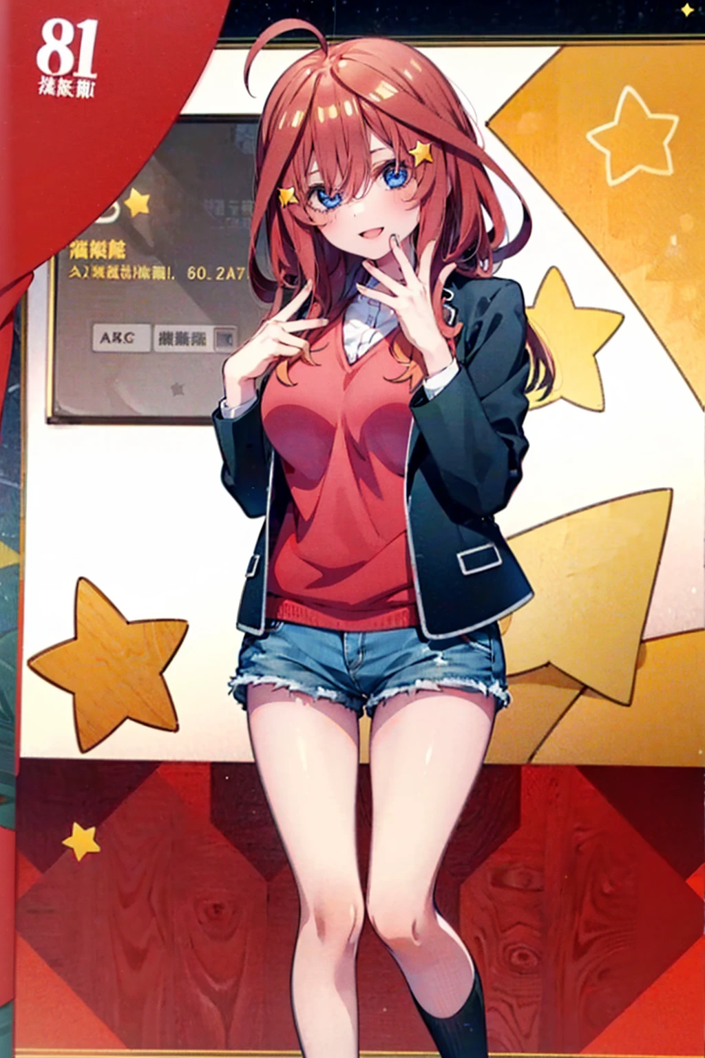 (8K, Highest quality, Highest quality, masterpiece), aaitsuki, long hair, ahoge, star hair ornament, (fullbody), smile, school uniform, blazer, black jacket, open jacket, red sweater, long sleeves, (denim hot shorts), (mini shorts), big breasts, (open legs)