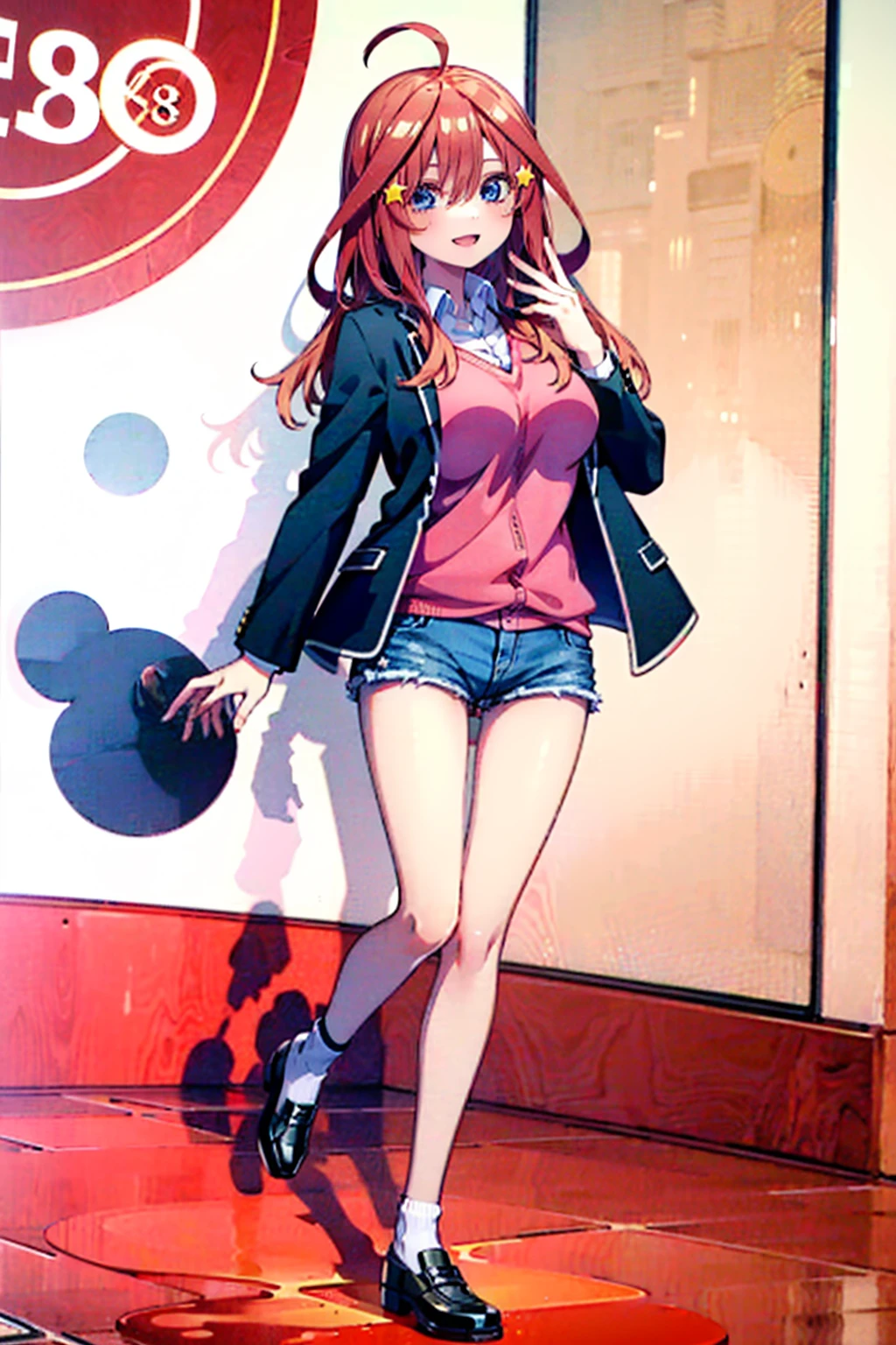 (8K, Highest quality, Highest quality, masterpiece), aaitsuki, long hair, ahoge, star hair ornament, (fullbody), smile, school uniform, blazer, black jacket, open jacket, red sweater, long sleeves, (denim hot shorts), (mini shorts), big breasts, (open legs)