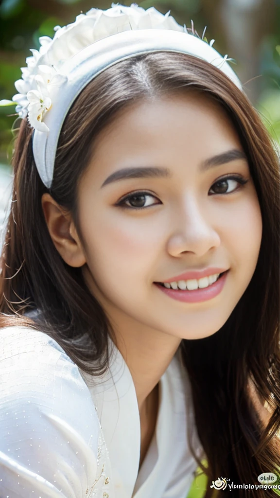 Indonesian girl, 18 years old, (masterpiece), Javanese skin tone, best quality, expressive eyes, perfect face, (ultra realistic), (white Formal Suit), Smile, Long Black Hair, innocent face, natural wavy hair, brown eyes, High resolution, masterpiece, Best quality, intricate high detail, highly detailed, focus sharp focus, detailed skin, realistic skin texture, texture, detailed eyes, professional, 4K, charming smile, filmed on Canon, 85 mm, shallow depth of field, Kodak Vision Color, perfect fit body, Extremely detailed, photograph_\(ultra\ ), photoreallistic, Realstic, Post-processing, Maximum details, roughness, real life, ultra realist, photorealism, photography, 8K UHD, photography