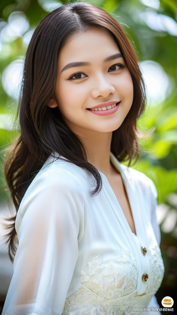 Indonesian girl, 18 years old, (masterpiece), Javanese skin tone, best quality, expressive eyes, perfect face, (ultra realistic), (white Formal Suit), Smile, Long Black Hair, innocent face, natural wavy hair, brown eyes, High resolution, masterpiece, Best quality, intricate high detail, highly detailed, focus sharp focus, detailed skin, realistic skin texture, texture, detailed eyes, professional, 4K, charming smile, filmed on Canon, 85 mm, shallow depth of field, Kodak Vision Color, perfect fit body, Extremely detailed, photograph_\(ultra\ ), photoreallistic, Realstic, Post-processing, Maximum details, roughness, real life, ultra realist, photorealism, photography, 8K UHD, photography