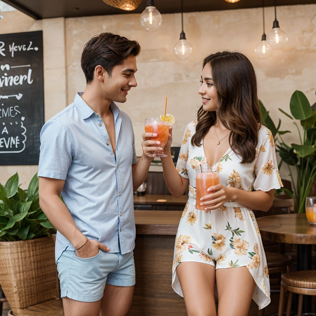 couple in love having a tail at a trendy restaurant, background and the vibe is young, fun, she is wearing a flower summer dress, he is wearing a casual tan shirt and shorts