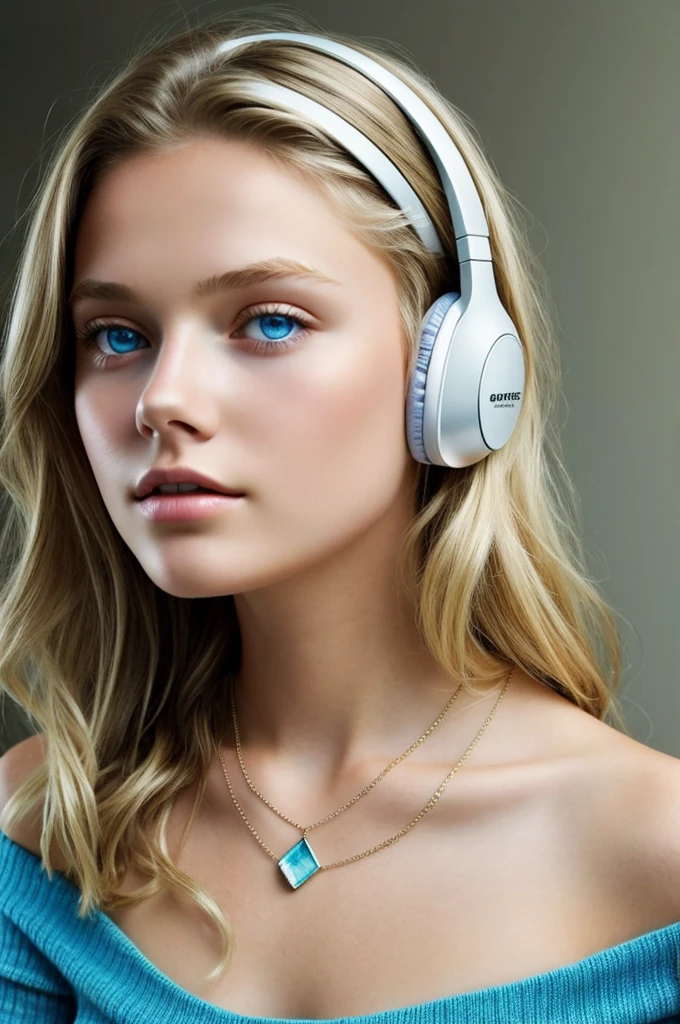 One Girl, Age 1５age, alone, Long Hair, huge , View your viewers, Blonde, Bare shoulders, Blue eyes, gem, whole body, necklace, Off the shoulder, sweater, Realistic, Sexy、headphone