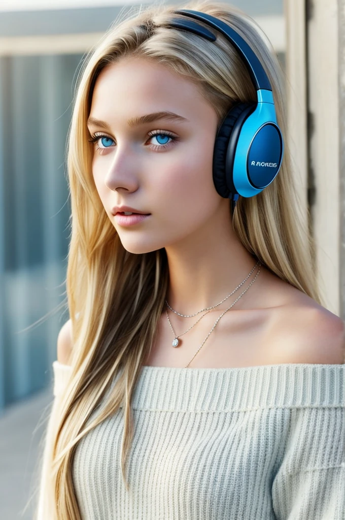 One Girl, Age 15age, alone, Long Hair, huge , View your viewers, Blonde, Bare shoulders, Blue eyes, gem, whole body, necklace, Off the shoulder, sweater, Realistic, Sexy、headphone