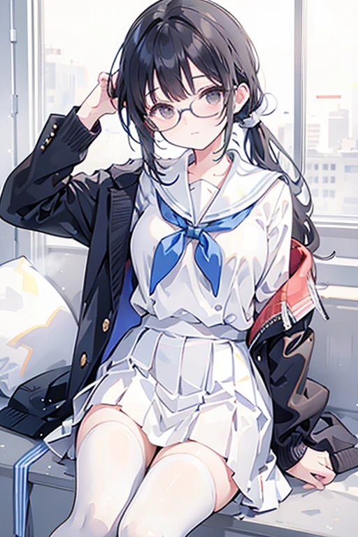 Girl white stockings white school uniform black hair single ponytail glasses