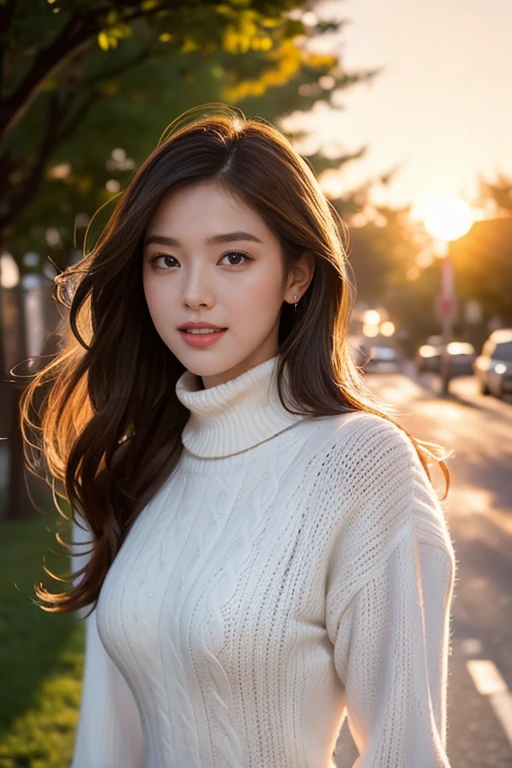 highest quality、Perfect Face、Perfect Style、perfect body、Sunburn、beautiful lady、mature、long curly layer brown hair、Swept-back hair、full body, sexly 、charming、healthy、of the highest quality、8K、
BREAK (soft focus, best dynamic angle, sunset backlight effect, high aesthetics, best quality, masterpiece, very detailed: 1.2), (SFW), BREAK, Girl has healthy skin and pretty smile Beauty has a neat face and glossy lips. the glamorous and feminine busty body, the beautiful and attractive silhouette in every detail, the fashionable and chic coat and turtleneck sweater, the tree-lined avenue, the autumn, the sunset sky, the blowing wind,  ((body facing forward)),