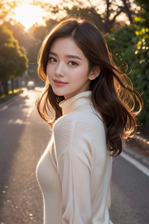 highest quality、Perfect Face、Perfect Style、perfect body、Sunburn、beautiful lady、mature、long curly layer brown hair、Swept-back hair、full body, sexly 、charming、healthy、of the highest quality、8K、
BREAK (soft focus, best dynamic angle, sunset backlight effect, high aesthetics, best quality, masterpiece, very detailed: 1.2), (SFW), BREAK, Girl has healthy skin and pretty smile Beauty has a neat face and glossy lips. the glamorous and feminine busty body, the beautiful and attractive silhouette in every detail, the fashionable and chic coat and turtleneck sweater, the tree-lined avenue, the autumn, the sunset sky, the blowing wind, ((body facing forward)),
