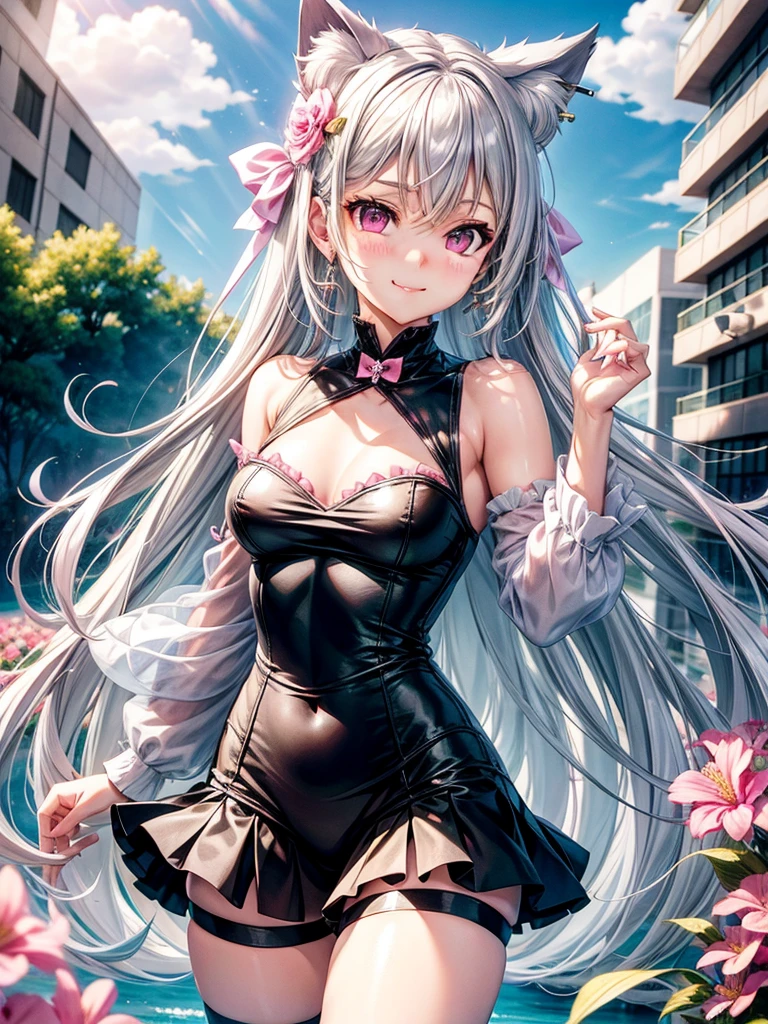 Silver hair, pink eyes, body, cat ears, adult girl, earrings, flower sky background, green gold, hair bows, happy face, thigh up