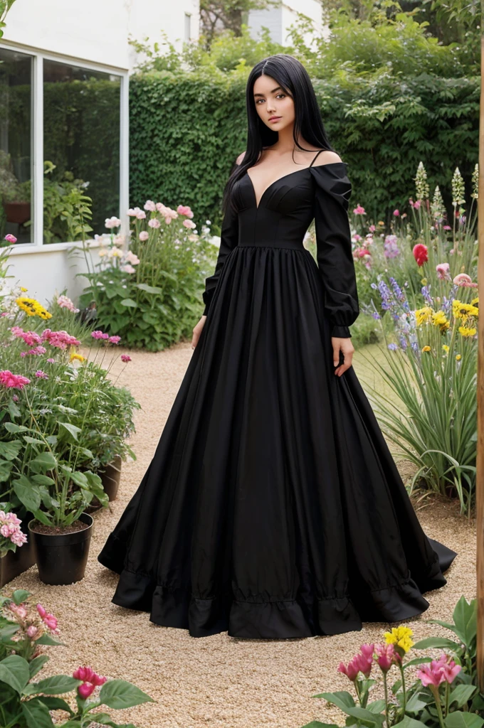A girl in a black gown with black hairs standing in the garden which have a variety of flowers in it