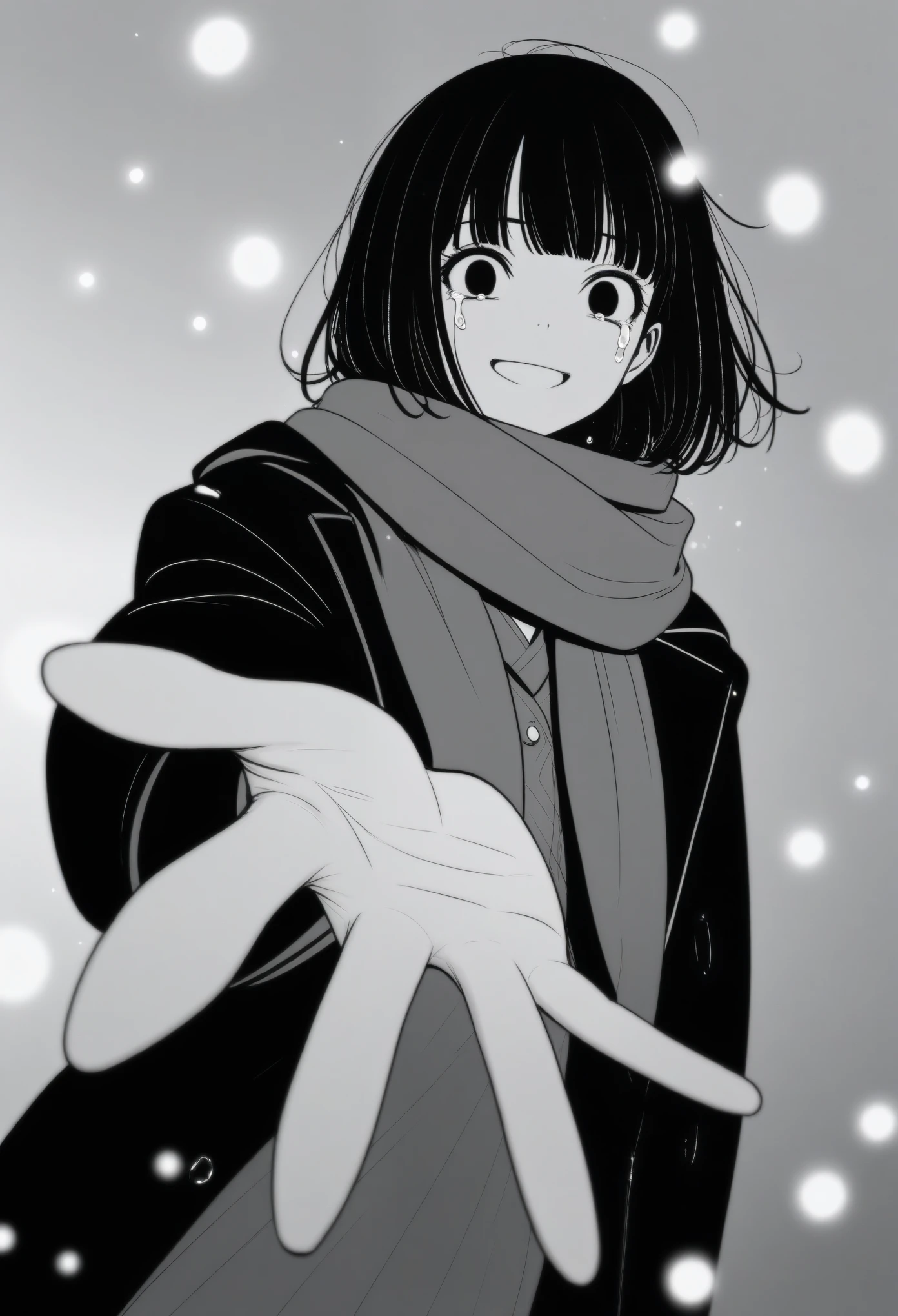 masterpiece, best quality, 1girl, mamerakkkkko, grayscale, manga style, japanese, chi no wadachi, black eyes, street, iced, black hair, schoolbag, smile, lineart, black coat, black scarf, black pleated skirt, leggins, centered, 18 years old, tall, fair skinned, bokeh background, crying, tears, tears streaming, bob cut, light particles, centered, snowing, (((reaching out left hand to viewer, perfect hand, detailed hand:1.1))
