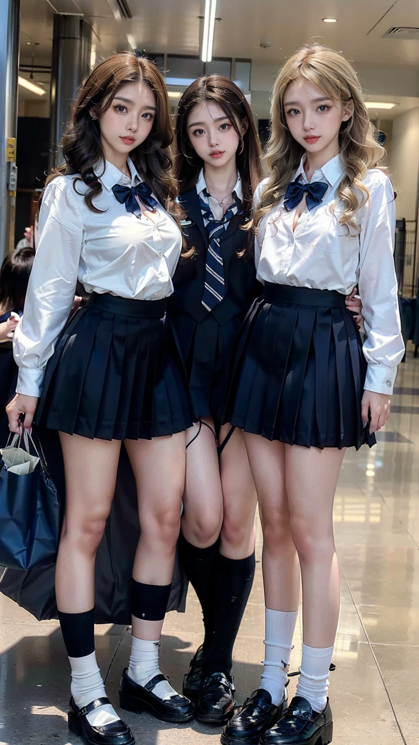 (scene; (Two women:1.8)), Gal, (Two high school girls), (Shopping mall, Shopping Street, street, Outdoor), (Full body portrait, Photograph the whole body, Are standing, Doing sexy poses), (Tall, Thin thighs, Elongated arms and legs, Small waist, Small Ass), ((Highly detailed skin), Beautiful realistic face, White skin, Pointed Chest, Perfect Anatomy, Realistic eyes, Natural Eyes, Brown eyes, Accurate eye focus, Accurate limbs), (Hyper Realist, Ultra-realistic, 4K, Attention to detail, Ultra-high resolution, Highest quality, masterpiece, Presence, dynamic, Uplifting, bold, Sharpness), (Big Breasts:1.5), (Cleavage:1.5), (Blonde long hair:1.5, loose wavy long hair:1.5, Loose curly hair:1.5), (sleek bangs), (Twin tail hair), ((White collared shirt, Navy pleated mini skirt, Navy colored socks, Black loafers, Ribbon tie)), High school girl in uniform, Surreal high school girl, tall, High school girls in uniform, smile, Cleavageを強調, (Are standingTwo high school girls:1.8),