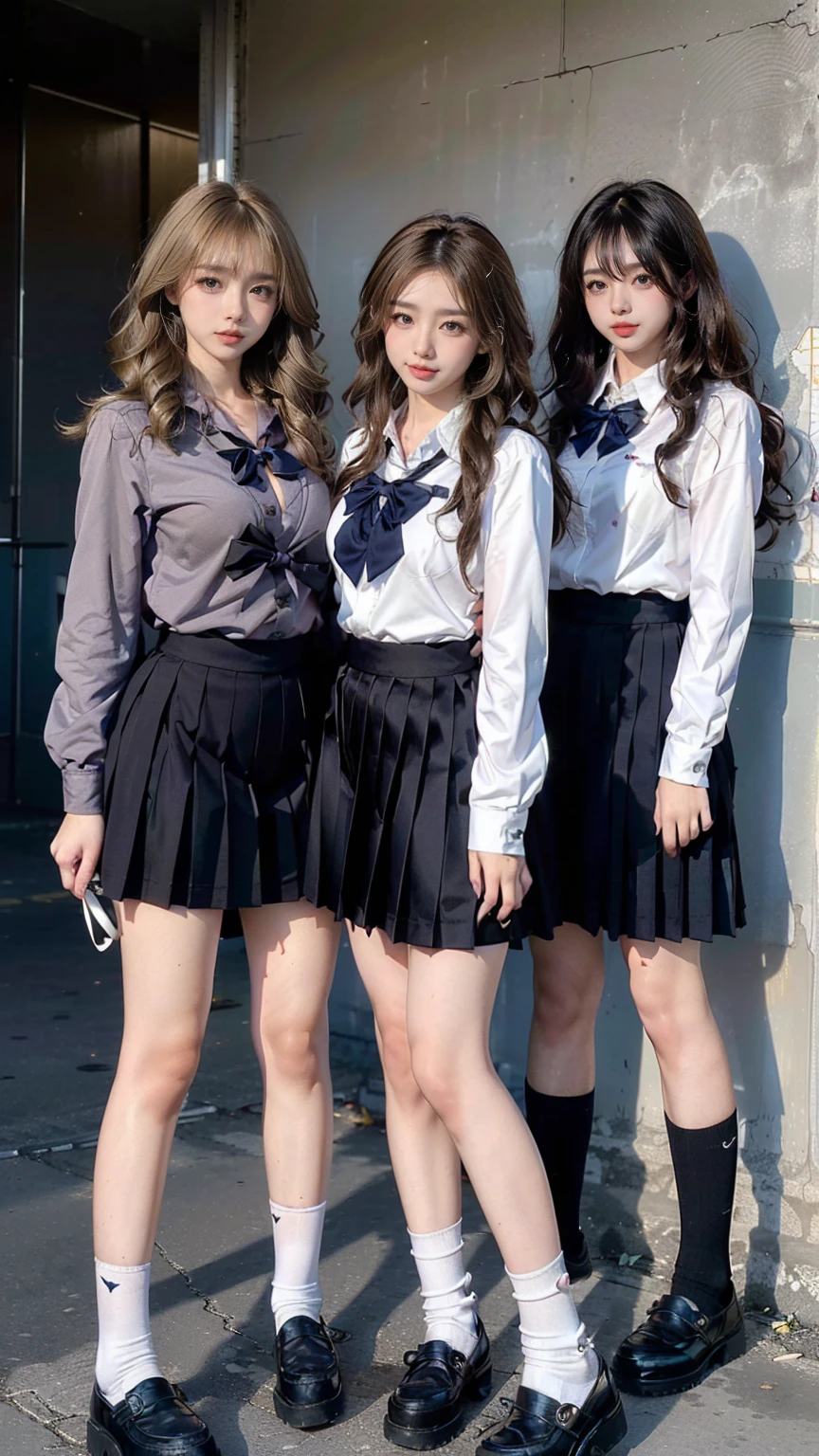 (scene; (Two women:1.8)), Gal, (Two high school girls), (Shopping mall, Shopping Street, street, Outdoor), (Full body portrait, Photograph the whole body, Are standing, Doing sexy poses), (Tall, Thin thighs, Elongated arms and legs, Small waist, Small Ass), ((Highly detailed skin), Beautiful realistic face, White skin, Pointed Chest, Perfect Anatomy, Realistic eyes, Natural Eyes, Brown eyes, Accurate eye focus, Accurate limbs), (Hyper Realist, Ultra-realistic, 4K, Attention to detail, Ultra-high resolution, Highest quality, masterpiece, Presence, dynamic, Uplifting, bold, Sharpness), (Big Breasts:1.5), (Cleavage:1.5), (Blonde long hair:1.5, loose wavy long hair:1.5, Loose curly hair:1.5), (sleek bangs), (Twin tail hair), ((White collared shirt, Navy pleated mini skirt, Navy colored socks, Black loafers, Ribbon tie)), High school girl in uniform, Surreal high school girl, tall, High school girls in uniform, smile, Cleavageを強調, (Are standingTwo high school girls:1.8),