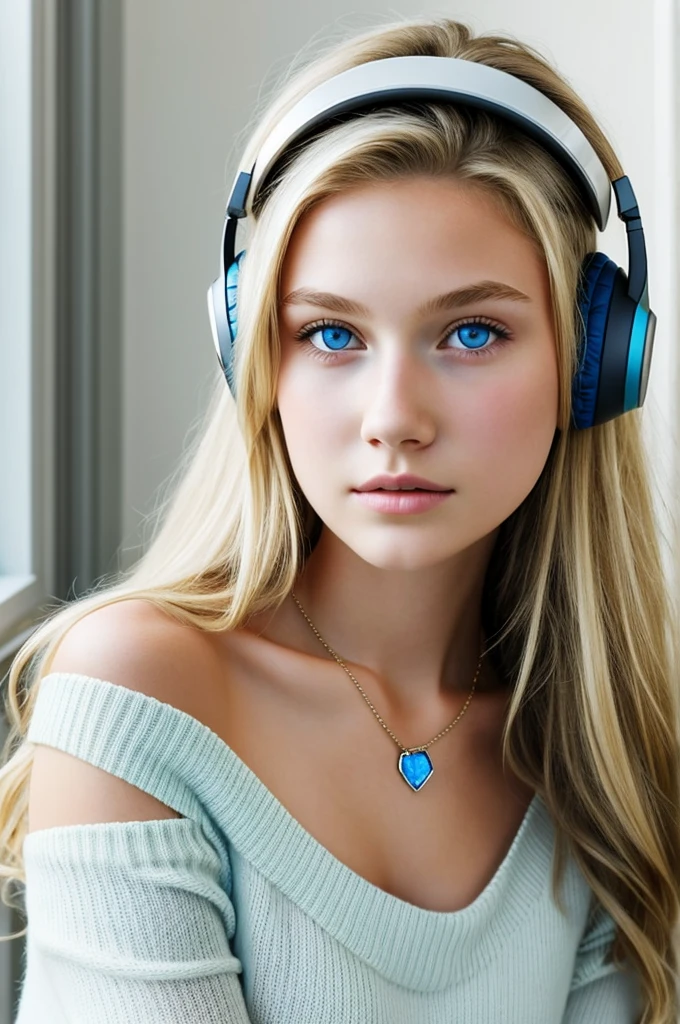 One Girl, Age 15age, alone, Long Hair, huge , View your viewers, Blonde, Bare shoulders, Blue eyes, gem, whole body, necklace, Off the shoulder, sweater, Realistic, Sexy、headphone