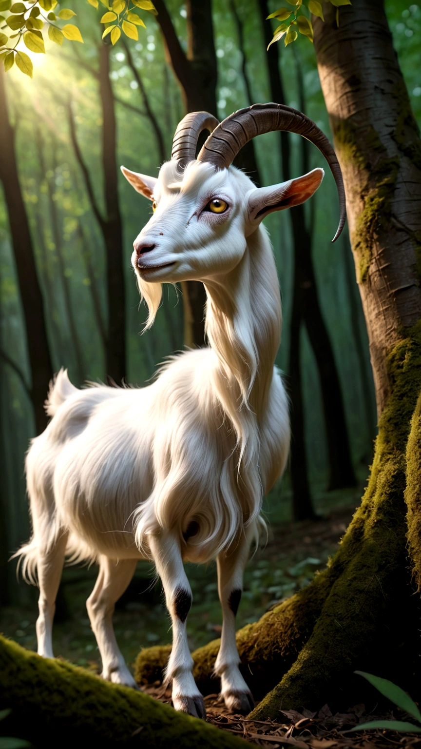 Mysterious creatures in the forest, Goat-like appearance, There is a big eye on the back, Four ears, Nine long tails, Side View (best quality, 4K, 8K, High-rise, masterpiece: 1.2), Ultrafine, (Practical, photo Practical, photo Practical: 1.37), Detailed Animals, complex pattern, Dramatic Lighting, Fantasy Creatures