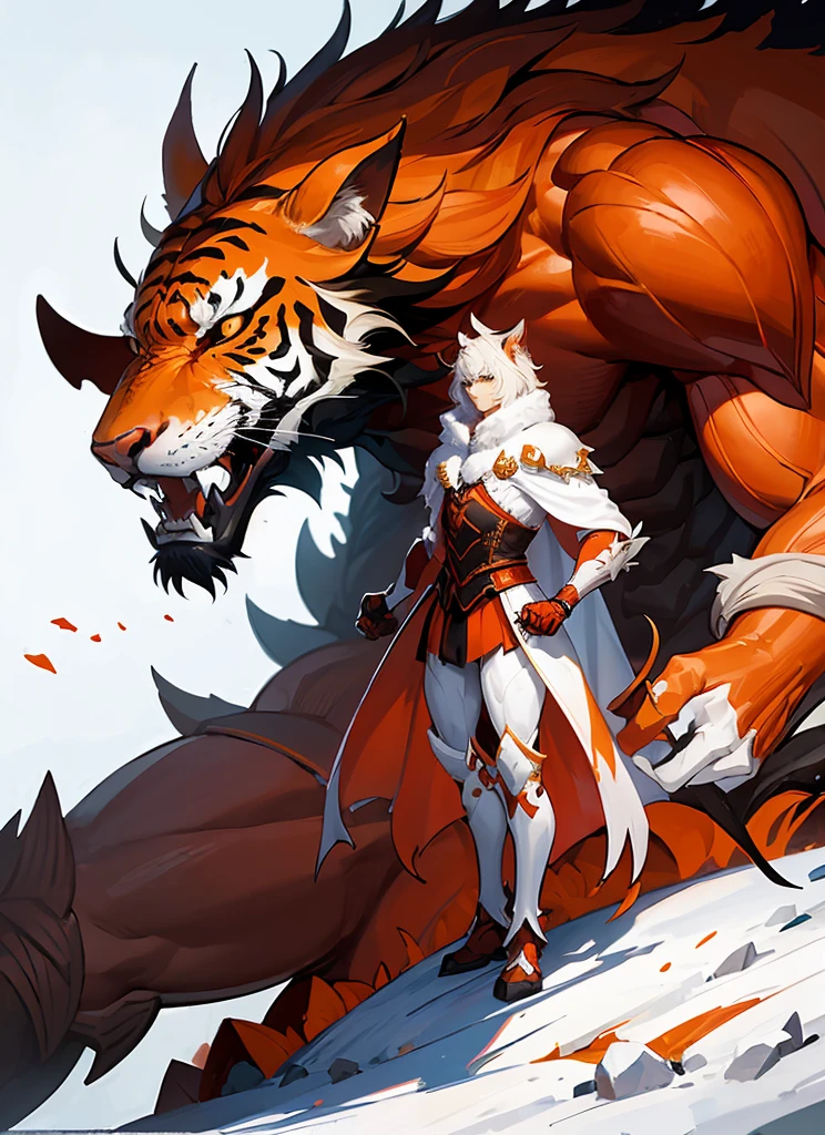 1Big whiteorange royal tigerhuman, scarry,red blood ,big claw, hunger, frozen blackground, stronger, animal, stand on to legs, big, old,snow cloth, lycan, fantasy, wearing armor coat, 