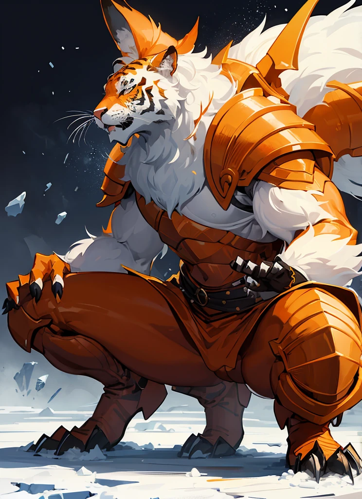 1Big whiteorange royal tigerhuman, scarry,red blood ,big claw, hunger, frozen blackground, stronger, animal, stand on to legs, big, old,snow cloth, lycan, fantasy, wearing armor coat,